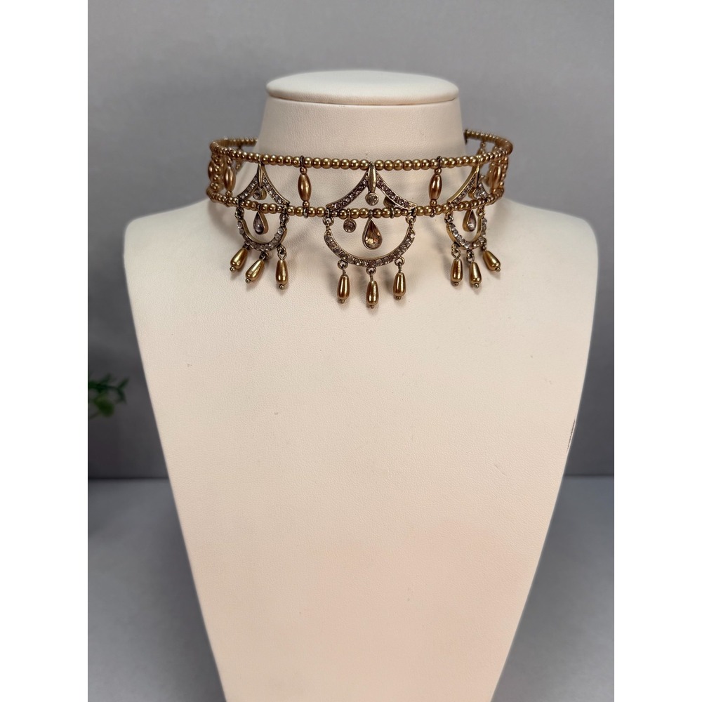 Vintage Gold Tone Rhinestone Choker Necklace Beaded Dangle Statement Boho